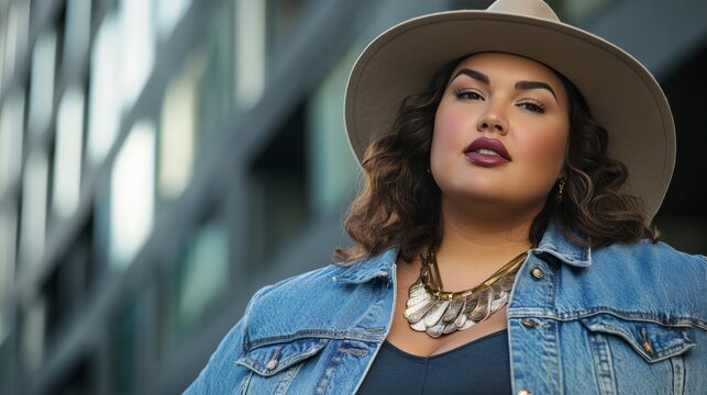 Confident woman wearing a stylish hat with modern building background. Street fashion and plus-size modeling concept.