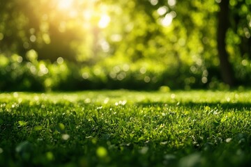Naklejka premium City lawn view. Green nature in spring eco garden. Summer abstract blur background. Urban trees leaves Light blurry out focus bokeh. Soft plant. with generative ai