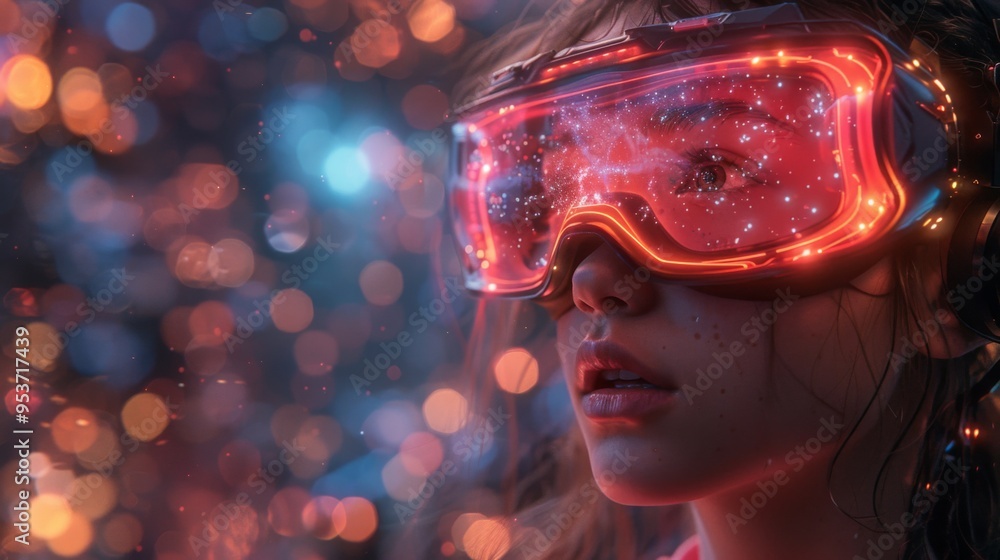 Poster create an otherworldly environment where vr goggles, ai animations, and spinning holograms combine t