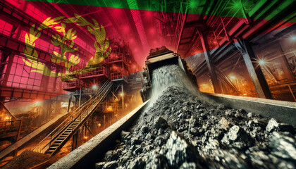 An industrial scene of coal being processed, combined with the Eritrea flag, highlighting the nation's industrial prowess and the importance of energy production