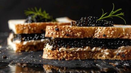 Two toasts with smoked salmon and black caviar on a bed of pumpernickel bread.