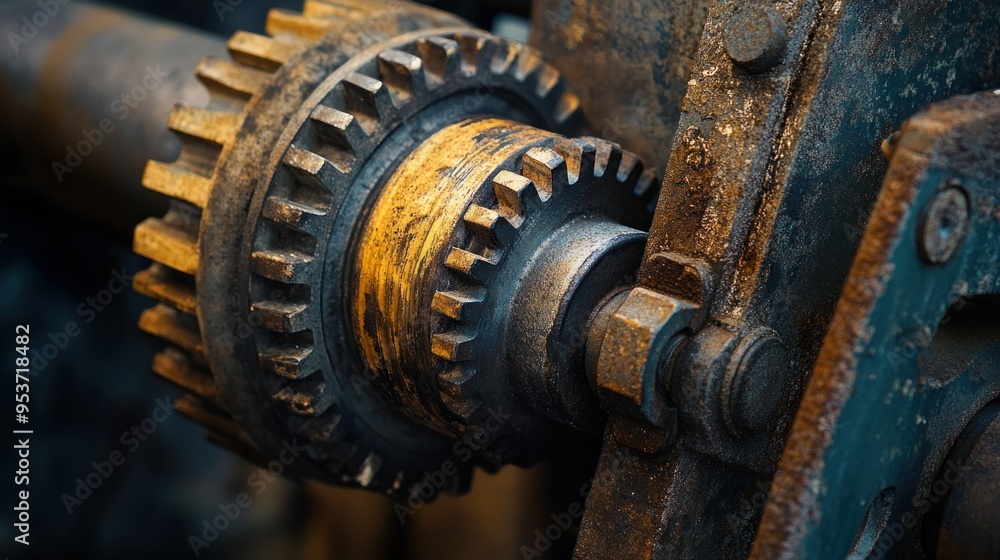 Poster Close-up of Rusty Gears Interlocking