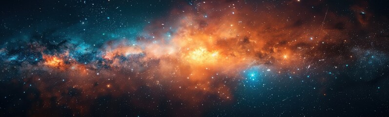 Fototapeta premium Galaxy with stars and bright orange and blue colors, banner, copy space