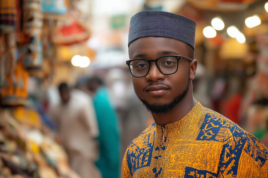 Young man wearing  traditional attires and a cap in the fabric market.