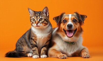 cat and dog sitting together, vibrant orange background