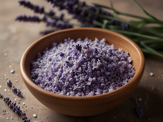 Dried Lavender Flowers in Wooden Bowl  Purple Petals  Spa Ingredients  Aromatic Herbs