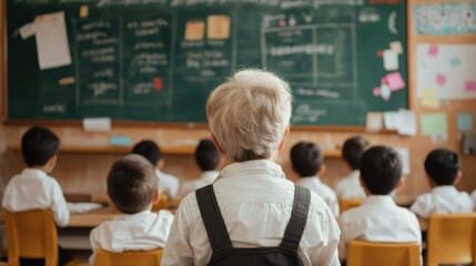 A child observes a classroom setting, emphasizing focus and learning, with a chalkboard filled with educational notes in the background.