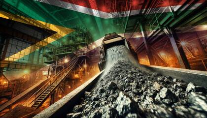 An industrial scene of coal being processed, combined with the South Africa flag, highlighting the nation's industrial prowess and the importance of energy production