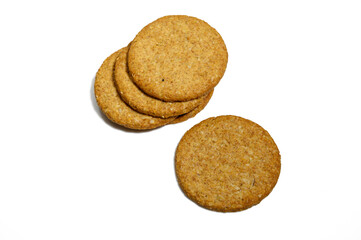 Shortbread biscuits pile, breton style, close up tea pastry isolated on white