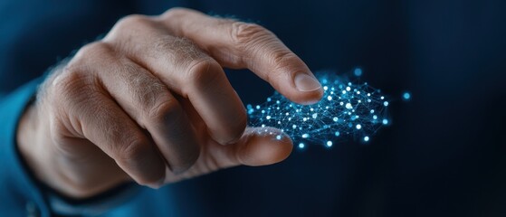 A close-up of a human hand interacting with glowing digital particles, symbolizing technology and innovation.