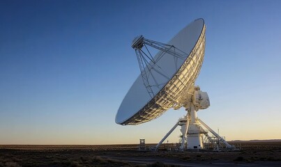 A large satellite dish in a desert landscape against a clear blue sky.