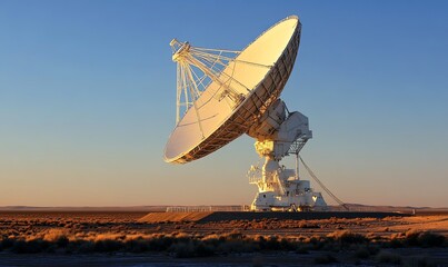 A large radio telescope dish sits on a plateau in a desert landscape at sunset.