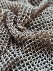 Textured metal fabric showing intricate patterns and interwoven design. Used for armor, safety equipment or artistic textiles.