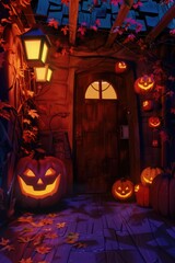 Obraz premium Halloween scene with illuminated jack-o'-lanterns lining a pathway to an eerie doorway at night.