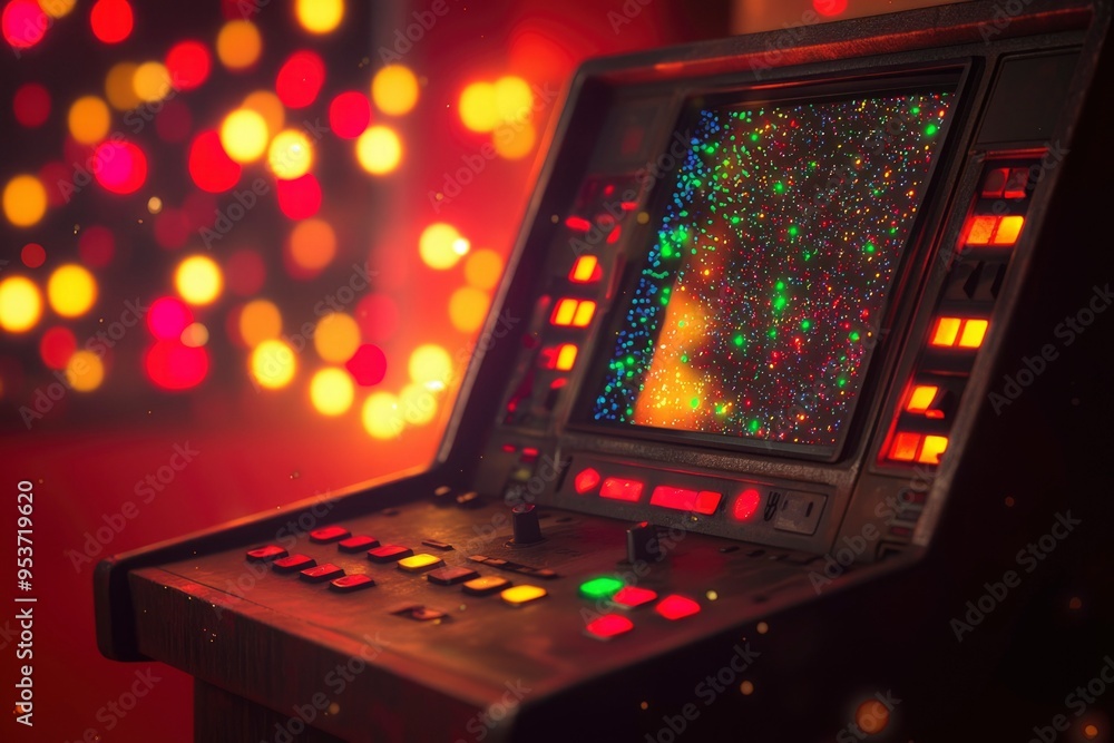 Poster close-up of an old-fashioned control panel with a screen displaying a starfield