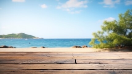 Fototapeta premium Wood table top on blur beach background