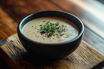 Creamy Soup in Black Bowl on Wooden Surface
