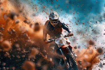 Fototapeta premium Motocross bike kicks up dirt while roaring by.
