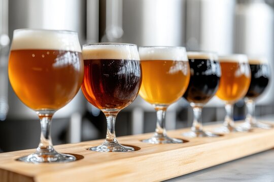 A collection of craft beer glasses showcasing various styles and colors, ideal for beer enthusiasts and photography projects.