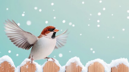 Fototapeta premium Sparrow with shimmering wings, fluttering near a snow-covered fence, festive ambiance, watercolor style
