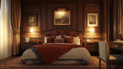 Luxurious Bedroom Interior with Wooden Paneling and Ornate Bed