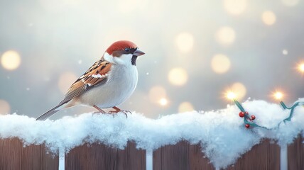 Naklejka premium Sparrow on a snow-dusted garden fence, Christmas lights twinkling, watercolor style