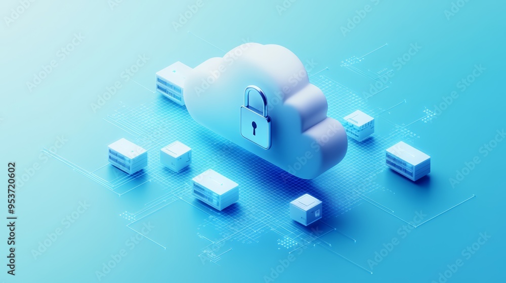 Poster Cloud with a padlock icon symbolizing secure data storage and cloud computing. Representation of digital privacy.