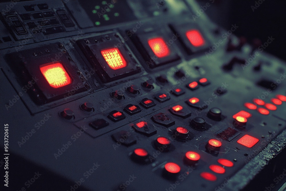 Poster close-up of a dark control panel with glowing red buttons