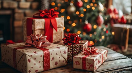 A festive display of beautifully wrapped presents with bows and ribbons on a wooden table, set against a background of holiday decorations in a cozy shop 