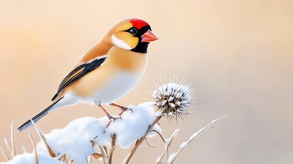Goldfinch on a snow-covered thistle, winter stillness, watercolor style