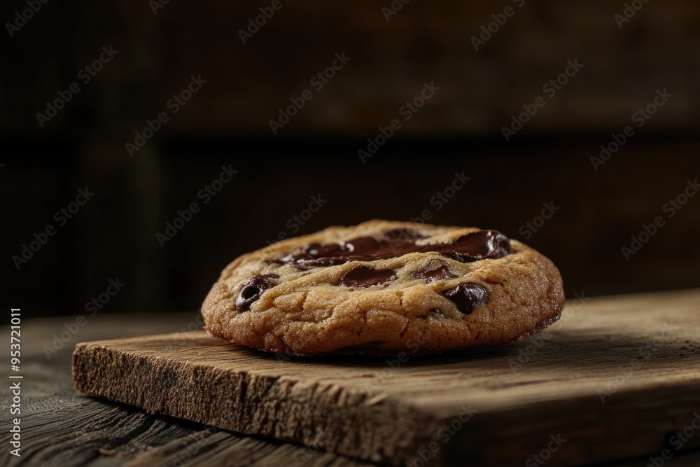 Wall mural A Single Chocolate Chip Cookie on a Wooden Board