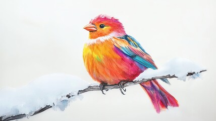 Christmas bird with vibrant festive feathers, perched on a snowy branch, watercolor style