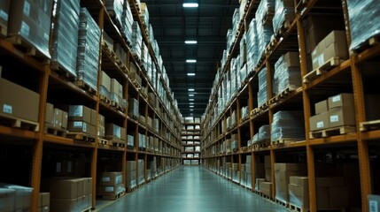 An aisle in a warehouse with stacked cardboard boxes on shelves