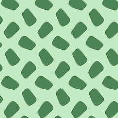 Seamless pattern for fabric and textile. Abstract green spots with black outline on light green background. Print for packaging and wrapping paper. Vector illustration. Ornament for gift bag.