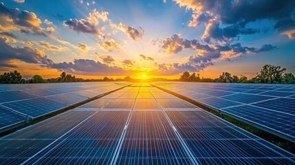 A field of solar panels at sunset with a wide sky and space for copy above.