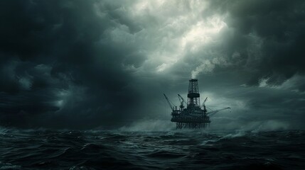Obraz premium A lone oil rig stands in the middle of the ocean, under a dark, stormy sky.