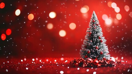 Obraz premium Christmas background with xmas tree and sparkle bokeh lights on red canvas background. Merry christmas card. Winter holiday theme. Happy New Year. Space for text.