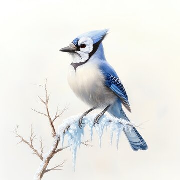 Blue jay singing atop an icy branch, winter s silent night, watercolor style
