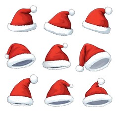 set of santa claus hats on white background.