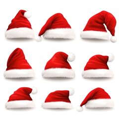set of santa claus hats on white background.