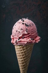 Ice cream cone with pink ice cream and chocolate chip cookies in a waffle cone.