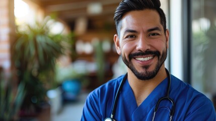 Fototapeta premium Happy Hispanic male nurse in blue uniform with beard.