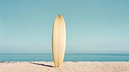 A yellow surfboard stands upright on a sandy beach with the ocean in the background.