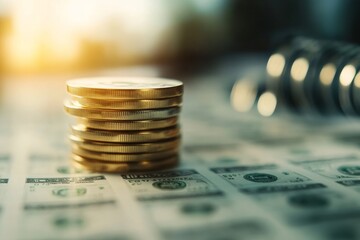 Close-up of stacked coins on a sheet with dollar bills, highlighting finance, savings, and investment concepts with a warm, blurred background.