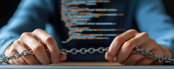 A person holding a chain symbolizes obstacles in coding and technology, representing the struggle between freedom and restrictions.