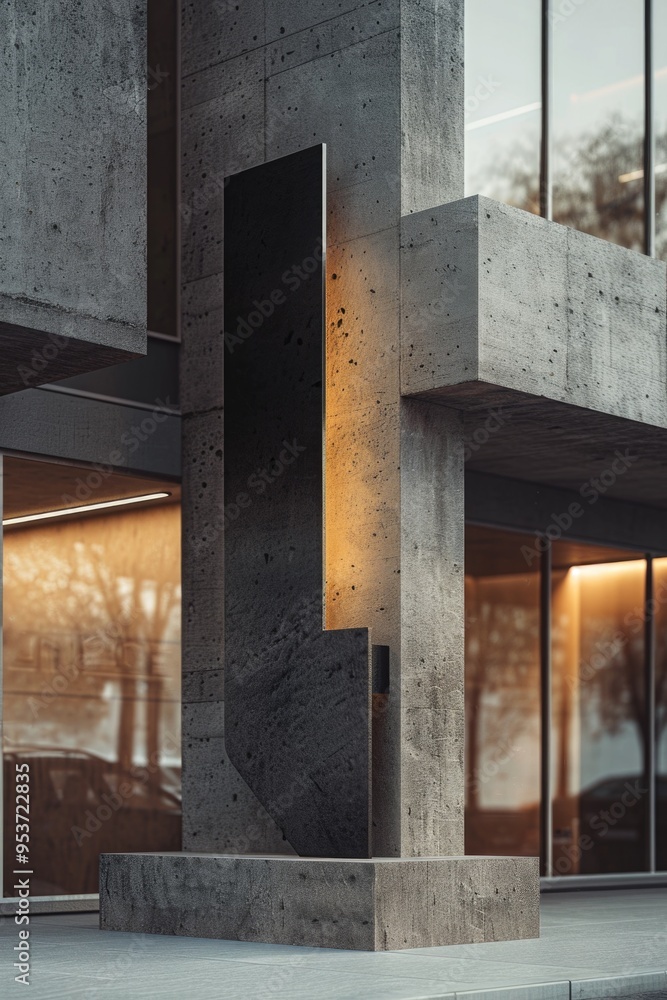 Poster a modern building with a minimalist architecture showcasing concrete structure and a large abstract 