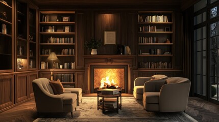 Cozy Living Room with Fireplace and Bookshelves