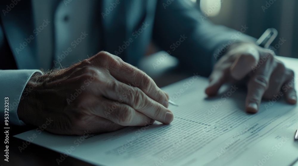 Aufkleber man in business suit signing papers at desk. office setting with official documents. business transa