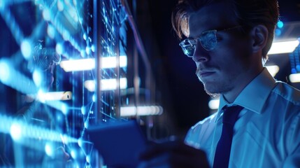 A man in a suit focused on computer screens.