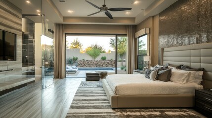 Modern Bedroom with Patio View and Glass Wall Partition